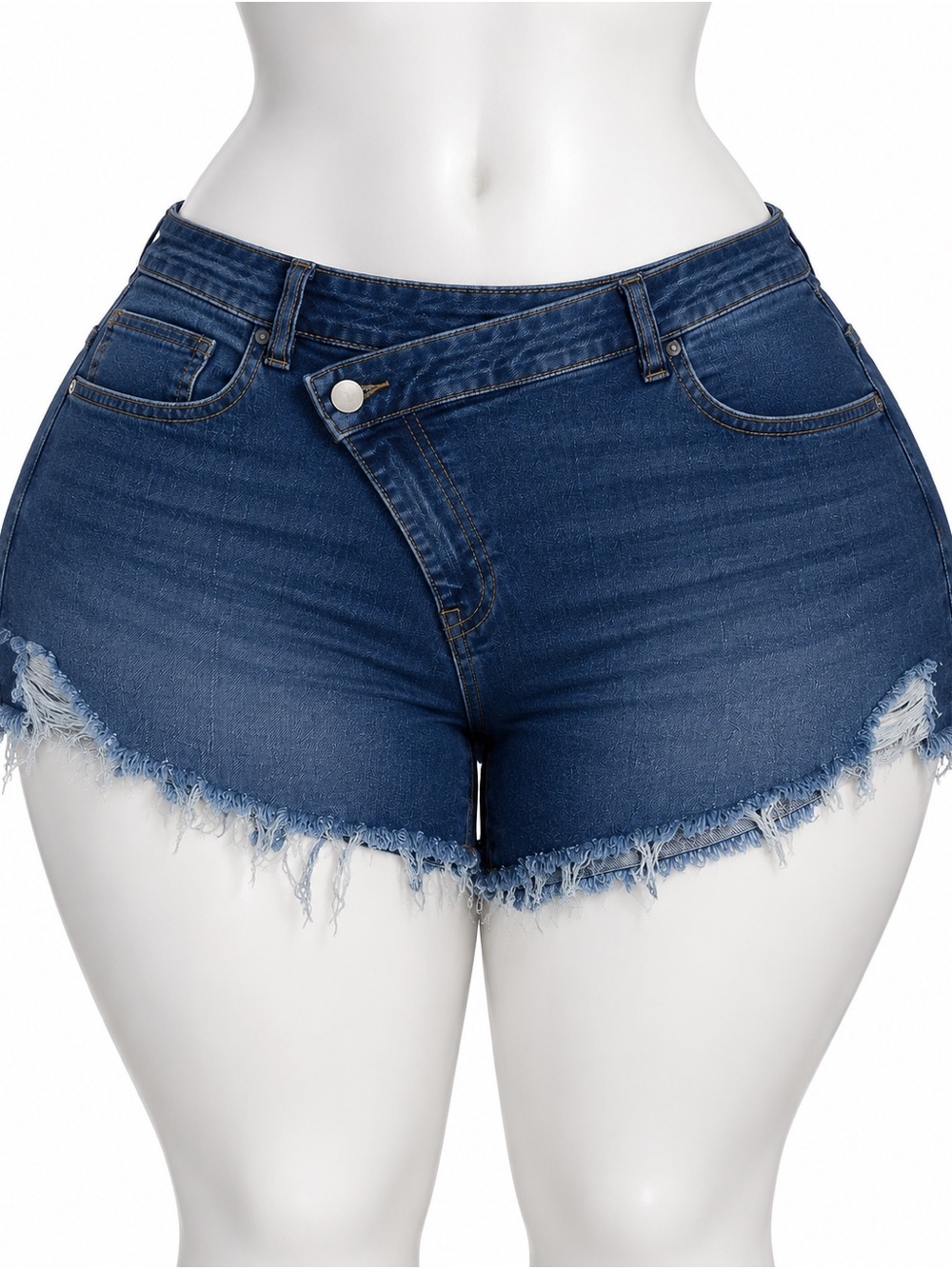 High-Rise Frayed Hem Denim Shorts - Dark Blue